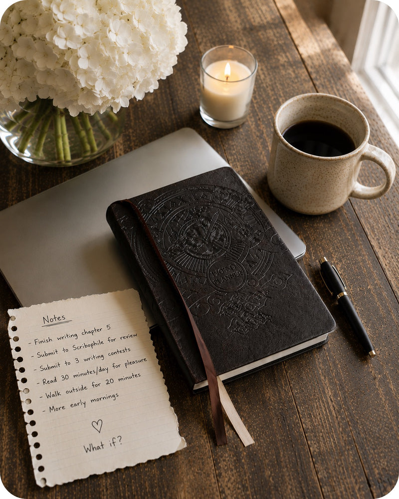 Notebook, pen, and cup of coffee on a wooden table with a candle and flowers.