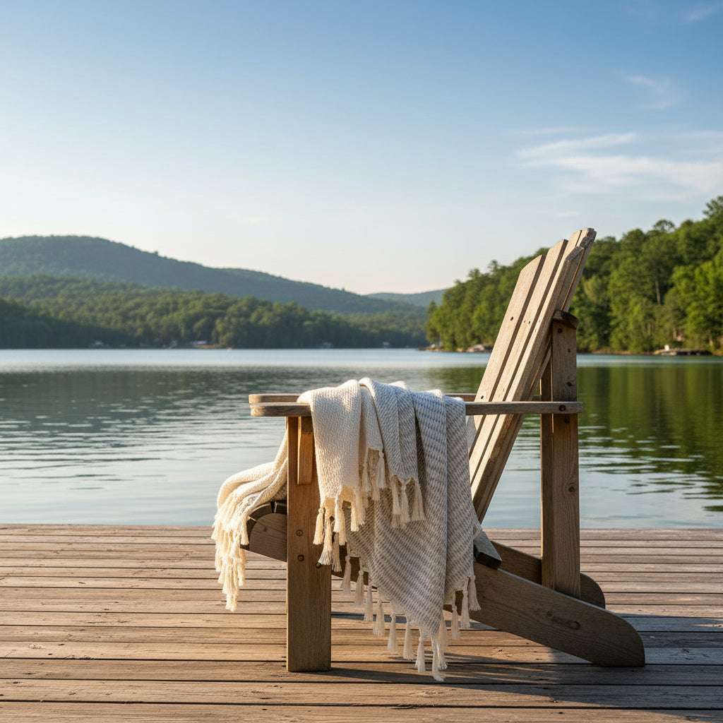 cream and gray striped Turkish cotton blanket with tassels, draped on Adirondack by the lake