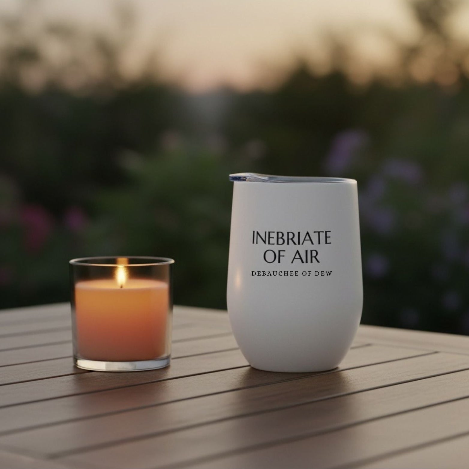White wine tumbler with text on a wooden table with a candle in the background