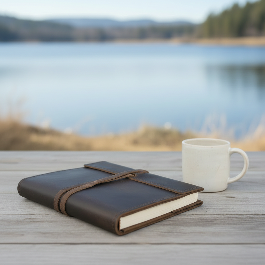 Brown leather notebook and white mug on a wooden table with a blurred lake and trees in the background