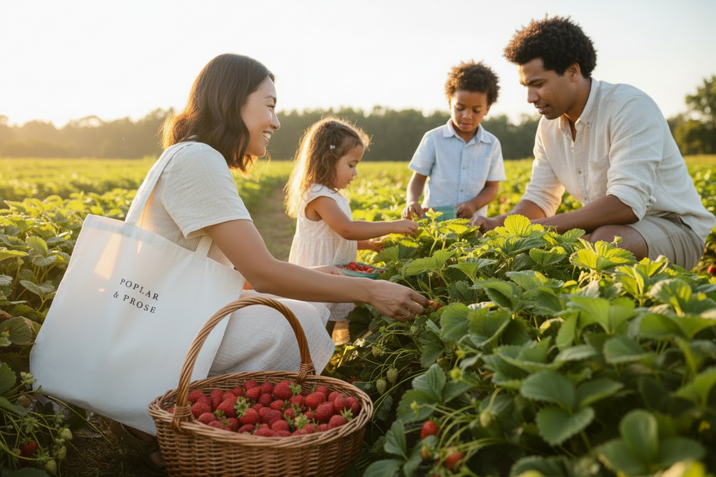 Family picking strawberries in a field with a reusable bag and basket.