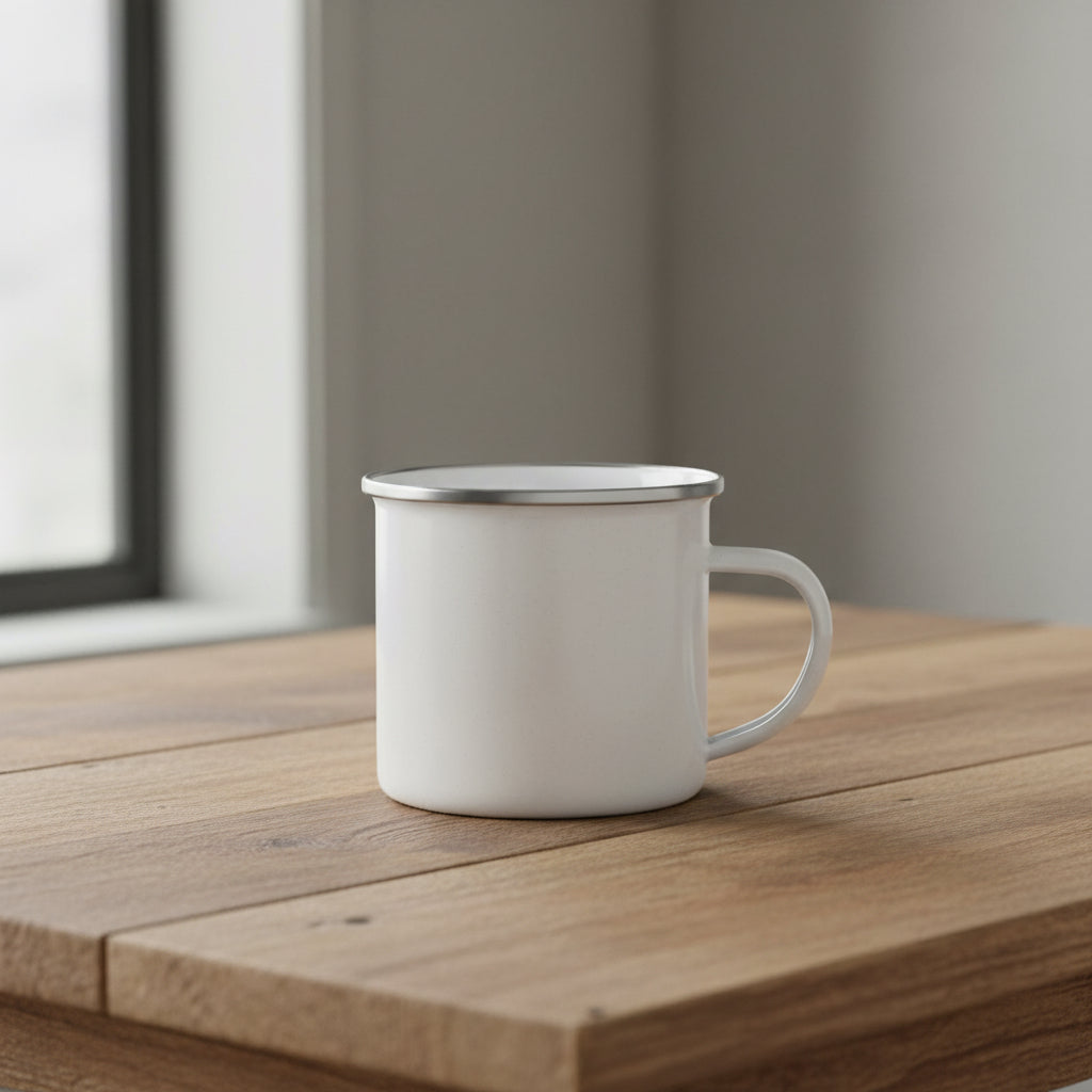 White enamel mug with silver rim on a reclaimed wood table