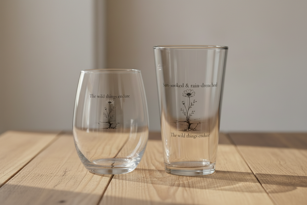 Two clear glasses with engraved text and plant design on a wooden surface.