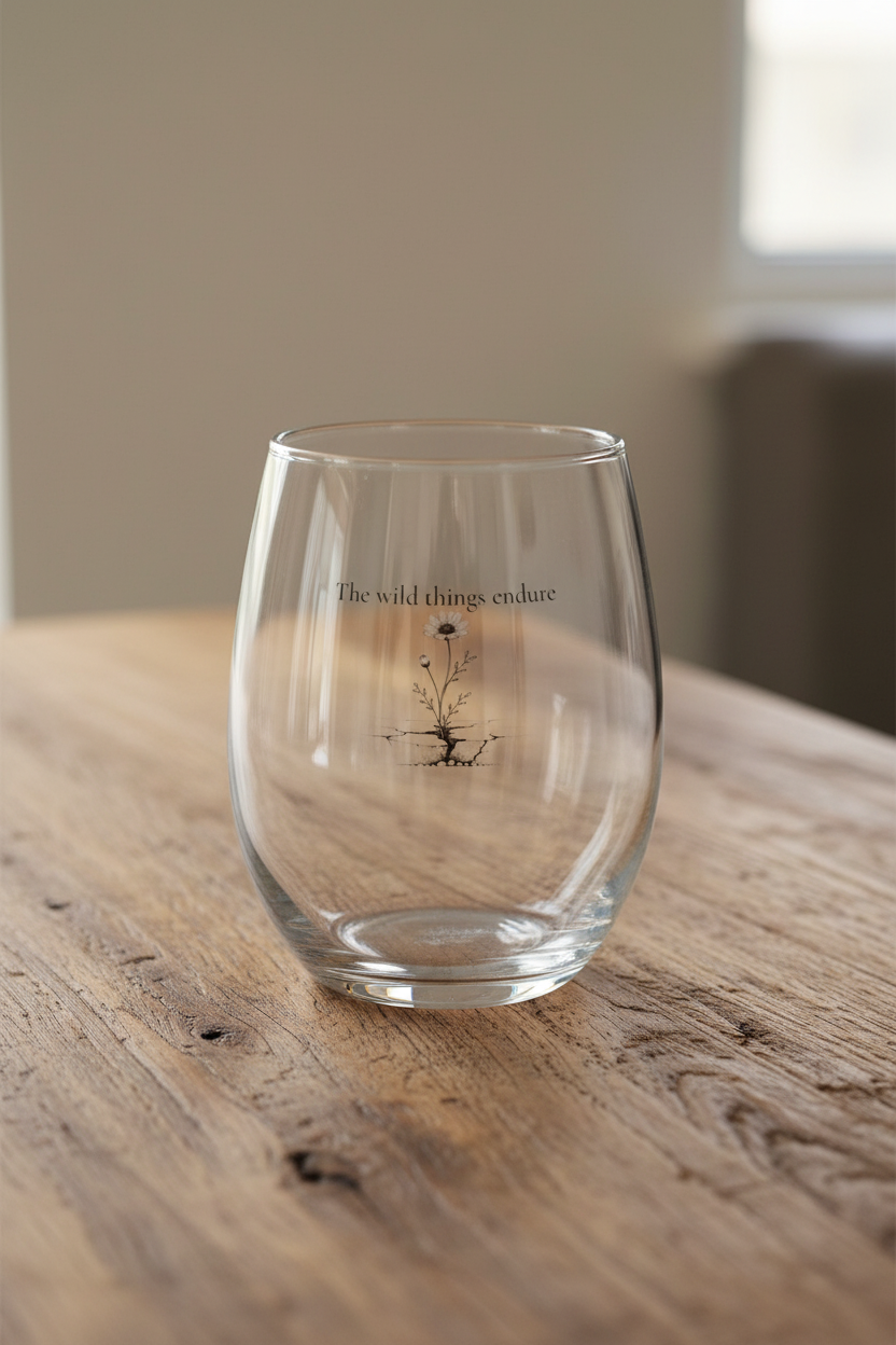 Clear glass with text on a wooden surface
