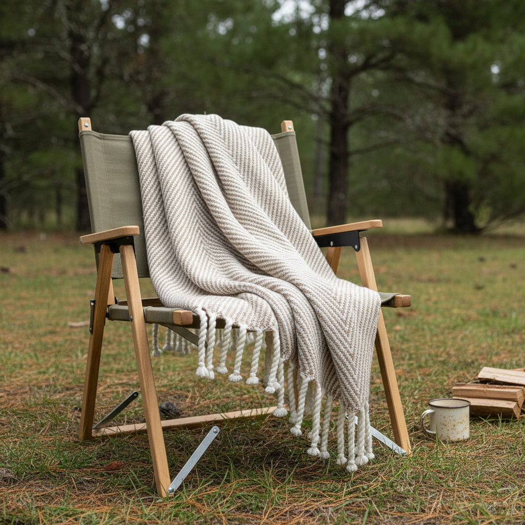 Textured blanket with tassels on a camping chair