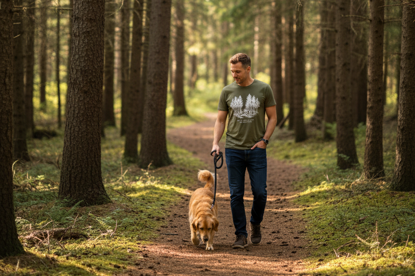 Man walking a dog on a path through a forest