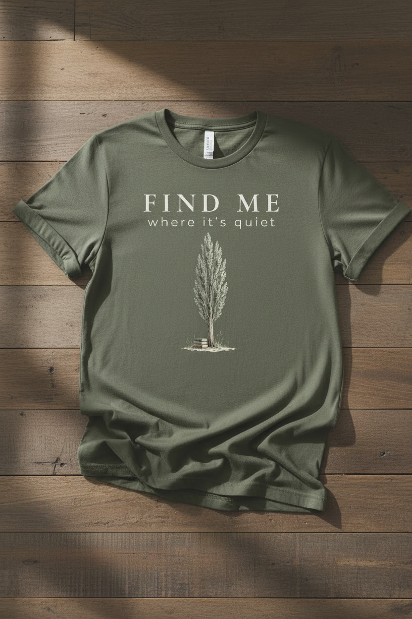 Green t-shirt with 'Find Me Where It's Quiet' text and tree graphic on wooden surface
